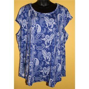Emaline Woman 2x Blue White Paisley Cap Sleeve Blouse Summer Top